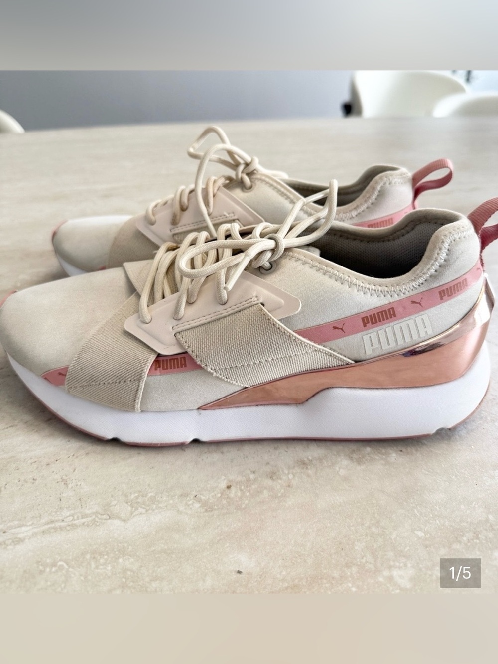 Puma Women's Cream Sneakers with Rose Gold Mirror Accent
